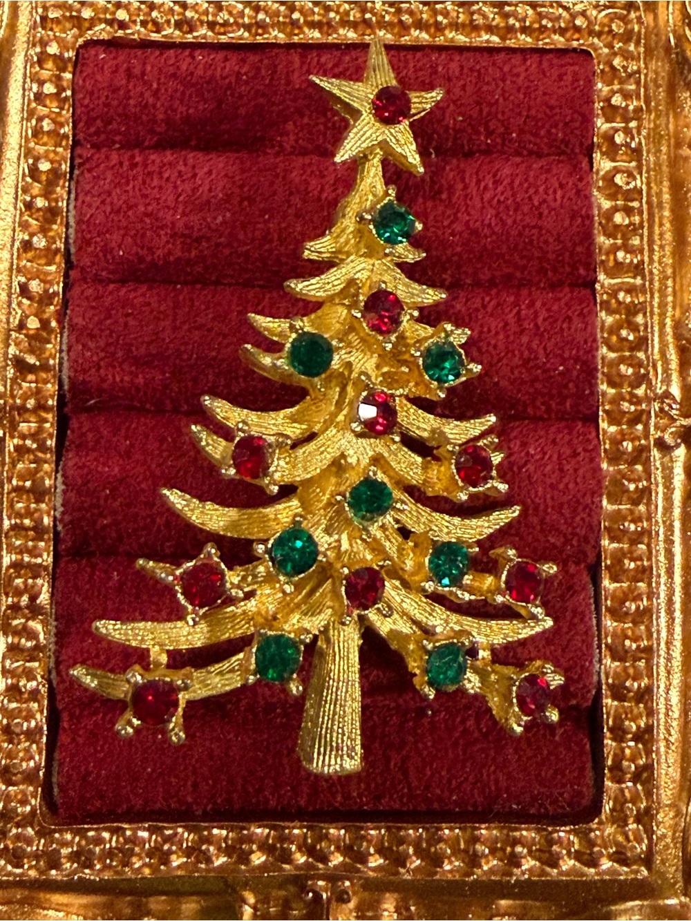 Vintage MYLU Signed Gold Christmas Tree Brooch with Red and Green Stones